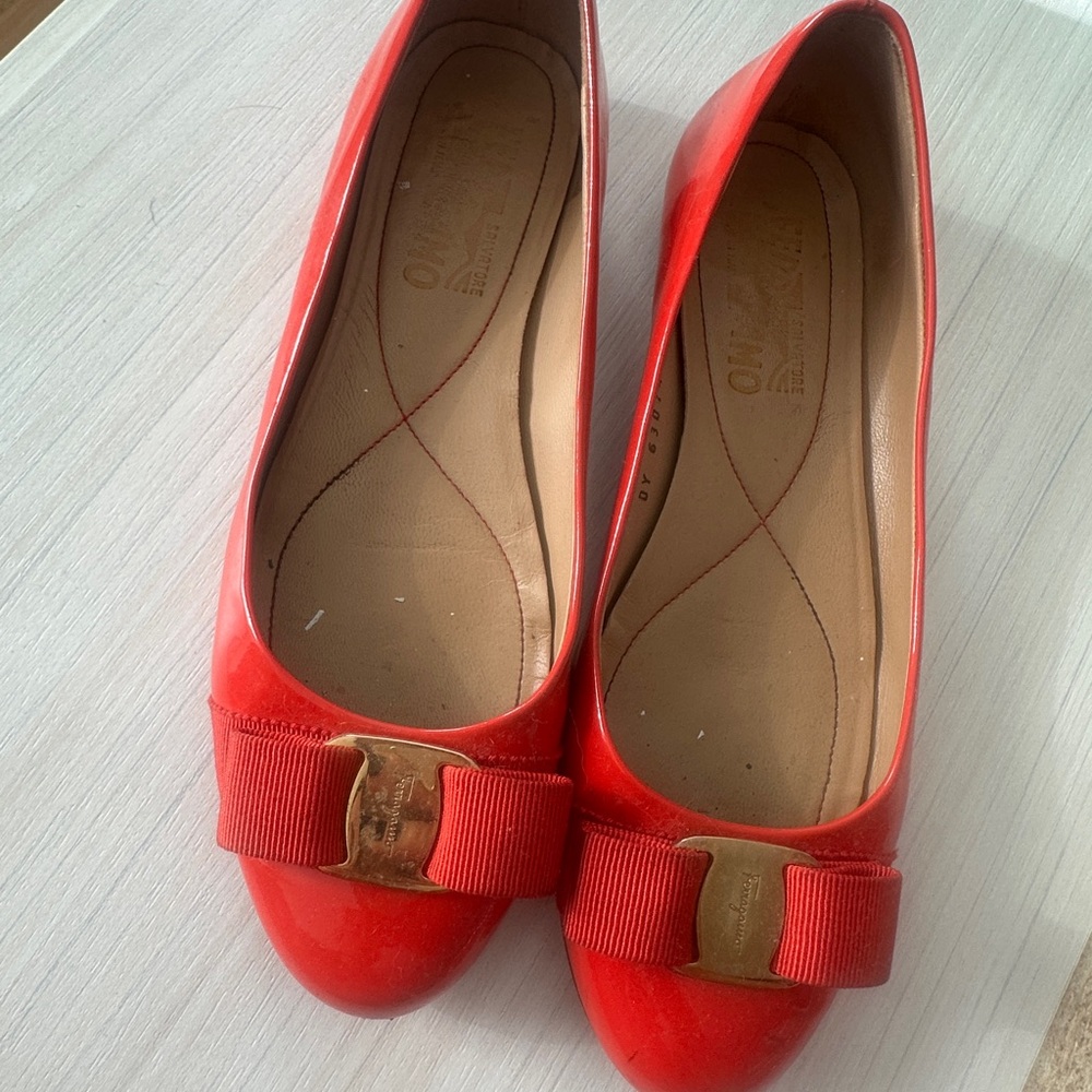 Salvatore Ferragamo Red Flats with Bow Accent